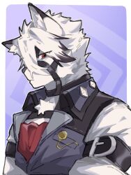 Rule 34 | 1boy, animal ears, ascot, colored tips, commentary request, furry, furry male, grey vest, hdmxyxbxk (sho), highres, looking at viewer, male focus, multicolored hair, profile, red ascot, red eyes, shirt, upper body, vest, von lycaon, white shirt, wolf boy, wolf ears, zenless zone zero