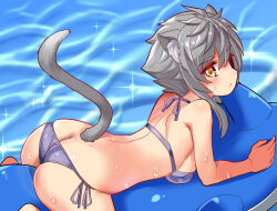 Rule 34 | 1girl, afloat, animal ears, ashroa (cougar1404), ass, back, barefoot, bikini, breasts, butt crack, cat ears, cat girl, cat tail, closed mouth, commentary, cougar (cougar1404), grey bikini, grey hair, inflatable toy, light frown, looking at viewer, lying, medium breasts, on stomach, original, short hair, side-tie bikini bottom, sideboob, skindentation, solo, sparkle, swimsuit, tail, water, wet, yellow eyes