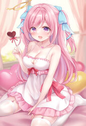 Rule 34 | 1girl, :d, blue bow, bow, breasts, cleavage, cleavage cutout, clothing cutout, commentary request, commission, curtains, day, dress, frilled dress, frills, garter straps, hair bow, halo, hand up, heart, heart cutout, holding, indie virtual youtuber, indoors, large breasts, long hair, mashiro mayu, nikoo, no shoes, open mouth, pink hair, pixiv commission, red bow, sitting, sleeveless, sleeveless dress, smile, solo, thighhighs, two side up, very long hair, virtual youtuber, wariza, white dress, white thighhighs, window