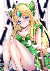 Rule 34 | 1girl, armor, blonde hair, blue eyes, blurry, blurry background, blush, breasts, bridal gauntlets, cleavage, closed mouth, collarbone, commentary request, depth of field, dress, feathers, feet out of frame, forehead jewel, frilled dress, frills, green dress, green hairband, green panties, hairband, hand up, head tilt, highres, knees together feet apart, knees up, long hair, looking at viewer, medium breasts, nanase nao, panties, parted bangs, pigeon-toed, purple eyes, riesz, seiken densetsu, seiken densetsu 3, shoulder armor, sitting, solo, underwear, very long hair, white feathers