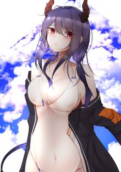 Rule 34 | 1girl, absurdres, arknights, bare shoulders, bikini, black jacket, breasts, ch&#039;en (arknights), commentary request, dragon horns, groin, hair between eyes, highres, horns, jacket, large breasts, long hair, long sleeves, looking at viewer, navel, off shoulder, open clothes, open jacket, partial commentary, purple hair, red eyes, samip, solo, stomach, swimsuit, upper body, white bikini