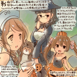 Rule 34 | 10s, 3girls, admiral (kancolle), animal costume, brown eyes, brown hair, commentary request, dated, halloween, halloween costume, hamster, hat, kantai collection, kirisawa juuzou, libeccio (kancolle), littorio (kancolle), long hair, multiple girls, non-human admiral (kancolle), pumpkin hat, pumpkin skirt, roma (kancolle), short hair, traditional media, translation request, twintails, twitter username, witch hat, wolf costume