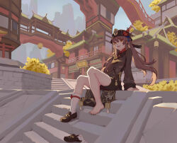 Rule 34 | 1girl, :d, absurdres, architecture, bare legs, barefoot, black footwear, black hat, black nails, black shorts, brown hair, building, chinese clothes, day, east asian architecture, feet, flower, flower-shaped pupils, full body, genshin impact, hat, hat flower, highres, hu tao (genshin impact), legs, liyue harbor, loafers, long hair, long sleeves, looking at viewer, nail polish, open mouth, outdoors, porkpie hat, red eyes, shade, shoes, short shorts, shorts, single shoe, sitting, sitting on stairs, smile, socks, solo, stairs, stone stairs, symbol-shaped pupils, teeth, toenail polish, toenails, toes, twintails, unworn shoes, unworn socks, upper teeth only, white socks, youpofen