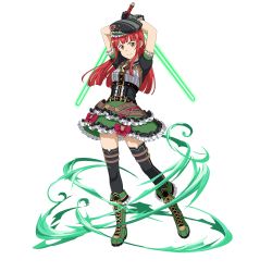 Rule 34 | 1girl, arms up, beam saber, black hat, black thighhighs, boots, brown eyes, bustier, closed mouth, cross-laced footwear, dress shirt, dual wielding, floating hair, frilled skirt, frills, full body, green footwear, green skirt, hat, highres, holding, holding sword, holding weapon, lace-up boots, layered skirt, long hair, looking at viewer, miniskirt, official art, rain (sao), red hair, shirt, short sleeves, skirt, smile, solo, straight hair, sword, sword art online, thighhighs, transparent background, v-shaped eyebrows, weapon, zettai ryouiki