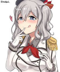 Rule 34 | 1girl, absurdres, beret, blue eyes, epaulettes, gloves, grey shirt, hat, heart, heart-shaped pupils, highres, jacket, kantai collection, kashima (kancolle), kerchief, kiritto, long sleeves, red neckwear, shirt, short hair, silver hair, simple background, smile, solo, symbol-shaped pupils, tongue, tongue out, twitter username, two side up, white background, white gloves, white jacket