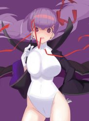 Rule 34 | 10s, bb (fate), bb (fate/extra), breasts, fate/extra, fate/extra ccc, fate (series), gloves, hand on own hip, large breasts, leotard, long hair, looking at viewer, open mouth, purple background, purple hair, simple background, solo, teeth, white gloves, yukichi (pu-0118), yuuki (irodo rhythm)