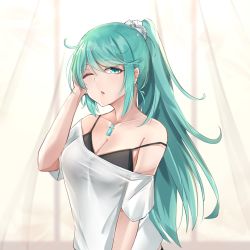 Rule 34 | 1girl, black bra, bra, breasts, chest jewel, cleavage, collarbone, green eyes, green hair, highres, large breasts, long hair, looking at viewer, off-shoulder shirt, off shoulder, one eye closed, pneuma (xenoblade), ponytail, sarasadou dan, shirt, solo, spoilers, swept bangs, underwear, upper body, white background, white shirt, xenoblade chronicles (series), xenoblade chronicles 2