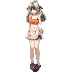 Rule 34 | 1girl, arknights, bare legs, bikini, black footwear, black hair, full body, grey hair, long hair, looking at viewer, multicolored hair, navel, norizc, official alternate costume, official art, orange bikini, orange eyes, polka dot, polka dot bikini, sarong, snowsant (arknights), solo, standing, stomach, swimsuit, transparent background, two-tone hair