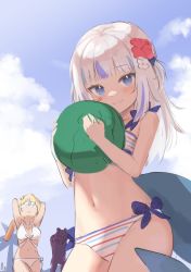 Rule 34 | 3girls, bad id, bad twitter id, bare arms, bare shoulders, bikini, blindfold, blue eyes, blue hair, blue sky, blunt bangs, cloud, commentary, cowboy shot, day, english commentary, fins, fish tail, flower, food, fruit, gawr gura, grin, hair flower, hair ornament, highres, holding, hololive, hololive english, klaius, long hair, looking at viewer, multicolored hair, multiple girls, navel, ninomae ina&#039;nis, outdoors, shark tail, sketch, sky, smile, solo focus, streaked hair, striped bikini, striped clothes, suikawari, swimsuit, tail, two-tone hair, two side up, unfinished, virtual youtuber, watermelon, watson amelia, white bikini, white hair