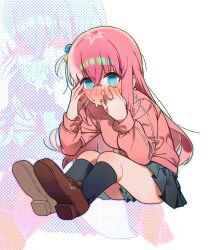 Rule 34 | 1girl, @ @, black skirt, black socks, blush, bocchi the rock!, breasts, brown footwear, commentary request, cube hair ornament, gotoh hitori, hair between eyes, hair ornament, hands on own face, hands up, highres, jacket, long hair, long sleeves, looking at viewer, medium breasts, messy hair, nervous sweating, parted lips, pink hair, pink jacket, pleated skirt, side ahoge, sidelocks, sitting, skirt, socks, sofa (enogunomu), solo, sweat, thighs, track jacket, white background, zoom layer