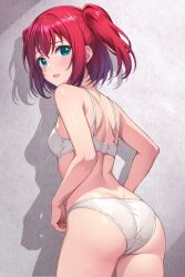 Rule 34 | 1girl, aqua eyes, armpit crease, ass, back, bare arms, bare shoulders, blush, bra, breasts, commentary request, cowboy shot, from behind, grey background, hair between eyes, hair intakes, highres, kurosawa ruby, looking at viewer, looking back, love live!, love live! sunshine!!, open mouth, panties, petchti, rabineru, red hair, small breasts, solo, twintails, two side up, underwear, underwear only, wavy mouth, white bra, white panties