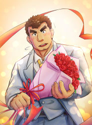 Rule 34 | 1boy, alternate costume, bara, barry go, blush, body hair, bouquet, brown hair, facial hair, flower, formal, goatee, highres, long sideburns, male focus, necktie, pov, ribbon, sideburns, solo, stubble, takabushi kengo, thick eyebrows, tokyo houkago summoners, upper body, valentine