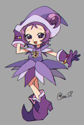 Rule 34 | 1girl, :d, commentary request, dress, full body, gloves, grey background, guruo (gur sp), hand on headwear, hand up, hat, looking at viewer, magical girl, ojamajo doremi, one side up, open mouth, outstretched arm, pointy footwear, purple dress, purple eyes, purple footwear, purple gloves, purple hair, purple hat, segawa onpu, short hair, signature, simple background, smile, solo, standing, witch hat