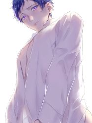 Rule 34 | 10s, 1boy, absurdres, bottomless, dress shirt, ensemble stars!, covered erect nipples, from below, furei milk, fushimi yuzuru, highres, looking at viewer, male focus, purple eyes, purple hair, shirt, short hair, simple background, solo, white background, white theme