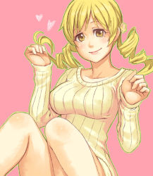 Rule 34 | 10s, 1girl, bad id, bad pixiv id, blonde hair, drill hair, heart, mahou shoujo madoka magica, mahou shoujo madoka magica (anime), outline, pink background, ribbed sweater, smile, solo, sweater, tomoe mami, twin drills, twintails, yellow eyes, yuuji (and)