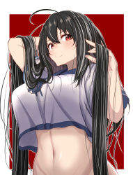 Rule 34 | 1girl, absurdres, agachi (shunya12300724), ahoge, arm behind head, azur lane, border, bottomless, breasts, closed mouth, hair between eyes, hair down, hand in own hair, highres, large breasts, long hair, looking at viewer, navel, outside border, red background, red eyes, school uniform, serafuku, short sleeves, simple background, smile, solo, taihou (azur lane), undersized clothes, very long hair, white border
