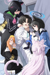 Rule 34 | 1boy, 4girls, ;o, absurdres, adult aongly, akira (blue archive), animal ear fluff, animal ears, arm support, armlet, bed sheet, bent over, black eyes, black hair, black jacket, black necktie, black pantyhose, blue archive, blue archive the animation, blunt bangs, bob cut, business casual, cat ears, cat girl, cat tail, cheek poking, collared shirt, colored inner hair, commentary request, drooling, extra ears, forehead, from above, habit, hair between eyes, half updo, halo, hand on another&#039;s cheek, hand on another&#039;s face, haori, highres, holding hands, hood, hooded jacket, indoors, jacket, japanese clothes, kazusa (blue archive), kikyou (blue archive), kneeling, lanyard, long hair, long sleeves, looking at another, lying, lying on person, mari (blue archive), multicolored hair, multiple girls, multiple tails, necktie, nekomata, nun, on back, on bed, on side, one eye closed, orange hair, pantyhose, parted bangs, parted lips, pleated skirt, poking, red eyes, school uniform, sensei (blue archive), sensei (blue archive the animation), serafuku, shirt, short hair, sidelocks, sitting, skirt, sleeping, smile, socks, tail, two-tone hair, two tails, wariza, white hair, white serafuku, white shirt, white skirt, white socks