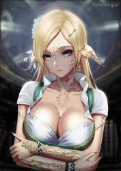 Rule 34 | 1girl, au ra, warrior of light (ff14), black eyes, blonde hair, blurry, blurry background, bracelet, breasts, cleavage, crossed arms, dragon horns, dragon tail, final fantasy, final fantasy xiv, hair ornament, hairclip, highres, horns, jewelry, large breasts, looking at viewer, parted bangs, scales, scoop neck, solo, tail, upper body, zeri (zeristudio)