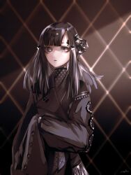 Rule 34 | 1girl, black dress, black hair, black lips, dress, expressionless, girls&#039; frontline, grey eyes, headgear, highres, long hair, long sleeves, looking to the side, mercurows (girls&#039; frontline), nyto (girls&#039; frontline), paradeus, sideways glance, signature, sleeves past fingers, sleeves past wrists, solo, upper body, yuiga nao