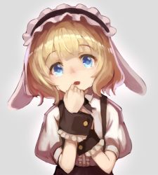 Rule 34 | 1girl, :d, animal ears, black hairband, blonde hair, blouse, blue eyes, center frills, commentary request, crying, crying with eyes open, ears down, fleur de lapin uniform, floppy ears, frilled cuffs, frilled hairband, frilled shirt, frills, gochuumon wa usagi desu ka?, grey background, hairband, head tilt, highres, kirima syaro, looking at viewer, open mouth, puffy short sleeves, puffy sleeves, rabbit ears, shirt, short sleeves, smile, solo, sue (bg-bros), tears, uniform, waitress, white shirt, wrist cuffs