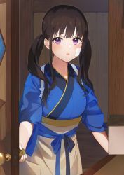 Rule 34 | 1girl, apron, auui, bandaid, bandaid on face, black hair, blue kimono, blush, brown apron, commentary request, highres, indoors, inoue takina, japanese clothes, kimono, long hair, looking at viewer, low twintails, lycoris recoil, open door, parted lips, purple eyes, short sleeves, solo, tasuki, twintails, waist apron