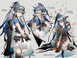 Rule 34 | 1girl, :o, arknights, astgenne (arknights), black footwear, black gloves, black thighhighs, blue eyes, blue hair, blue shirt, blush, boots, chinese text, diamond-shaped pupils, diamond (shape), gloves, goggles, goggles on head, grey background, highres, holding, holding wand, knees up, long hair, looking at viewer, multiple views, ponytail, shirt, short sleeves, simple background, sitting, skirt, smile, split mouth, symbol-shaped pupils, thighhighs, translation request, wand, white skirt, yuji (fantasia)