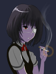 Rule 34 | 10s, 1girl, another, black hair, breasts, cigarette, eyepatch, highres, looking at viewer, misaki mei, open mouth, pale skin, red eyes, ribbon, school uniform, short hair, smoking, solo