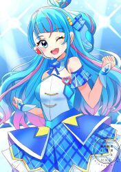 bare_shoulders blue_dress blue_eyes blue_hair cosplay cure_sky cure_wink cure_wink_(cosplay) dress gradient_hair highres hirogaru_sky!_precure long_hair magical_girl momotarouooi multicolored_hair one_eye_closed open_mouth pink_hair pink_streaks precure sora_harewataru streaked_hair you_and_idol_precure