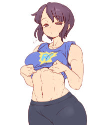 Rule 34 | 1girl, abs, bare arms, bare shoulders, black hair, blue tank top, clothes lift, collarbone, grey eyes, half-closed eyes, hanzo (2929), lifted by self, looking at viewer, muscular, muscular female, original, pants, shirt lift, short hair, simple background, solo, stomach, sweat, sweatdrop, sweatpants, tank top, toned, upper body, white background, wide hips