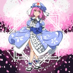 Rule 34 | 1girl, aksawshin, black footwear, black ribbon, blue bow, blue hat, blue kimono, bow, cherry blossoms, frilled kimono, frilled sleeves, frills, geta, hat, japanese clothes, kimono, long sleeves, mob cap, neck ribbon, obi, pink eyes, pink hair, pixel art, ribbon, saigyouji yuyuko, sandals, sash, shoes, short hair, sleeve garter, smile, socks, solo, touhou, triangular headpiece, waist bow, wavy hair, wide sleeves, zouri