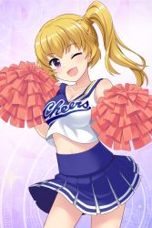 Rule 34 | 1girl, alternative girls, blonde hair, blue skirt, breasts, cheerleader, cleavage, highres, holding, holding pom poms, looking at viewer, mizushima airi, official art, one eye closed, open mouth, pom pom (cheerleading), pom poms, ponytail, purple eyes, side ponytail, skirt, smile, solo