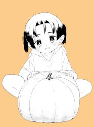 Rule 34 | 1girl, blush, female focus, grin, highres, hood, hood down, hoodie, looking at viewer, monochrome, orange background, original, pumpkin, satsuyo, simple background, sitting, smile, solo, spot color, squatting, twintails