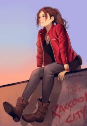 Rule 34 | 1girl, artist name, black shirt, blue pants, boots, breasts, brown eyes, brown footwear, brown hair, claire redfield, denim, ericson blum, full body, graffiti, highres, jacket, jeans, jewelry, long hair, long sleeves, looking afar, medium breasts, necklace, outdoors, pants, parted bangs, parted lips, ponytail, red jacket, resident evil, resident evil 2, shirt, sitting, skull and crossbones, solo, watch, wristwatch