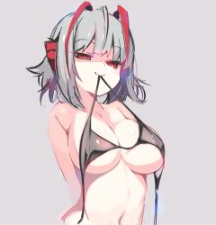 Rule 34 | 1girl, ahoge, antennae, arknights, arms behind back, bare arms, bare shoulders, bikini, bikini in mouth, black bikini, breasts, closed mouth, clothes in mouth, commentary, grey background, grey hair, large breasts, looking at viewer, navel, red eyes, short hair, simple background, smug, solo, sukima (crie), swimsuit, symbol-only commentary, untied bikini, upper body, w (arknights)
