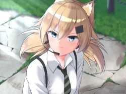 Rule 34 | 1girl, animal ear fluff, animal ears, blonde hair, blouse, blue eyes, cat ears, collared shirt, commentary, day, derivative work, english commentary, girls&#039; frontline, hair between eyes, headset, highres, idw (girls&#039; frontline), meme, necktie, outdoors, parody, rynzfrancis, sailor moon redraw challenge (meme), shirt, solo, striped necktie, suspenders, white shirt