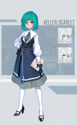 Rule 34 | 1girl, absurdres, arnold-s, black footwear, black gloves, black vest, blue eyes, blue skirt, blush, breasts, center frills, closed mouth, commentary, english commentary, frills, gloves, green hair, grey background, grey shirt, hair ornament, hairclip, half gloves, high heels, highres, holding, long sleeves, mary janes, medium breasts, original, pantyhose, puffy long sleeves, puffy sleeves, shirt, shoes, short hair, skirt, smile, solo, strappy heels, vest, white pantyhose