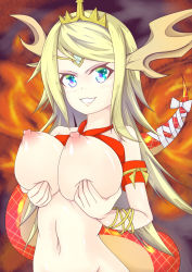 Rule 34 | 1girl, blonde hair, blue eyes, breast hold, breasts, breasts out, echidna (p&amp;d), highres, large breasts, long hair, nipples, puzzle &amp; dragons, smile, solo