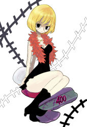Rule 34 | 1girl, bad id, bad pixiv id, black dress, black footwear, blonde hair, boots, dress, full body, high heels, jewelry, kyun (kana1), necklace, one piece, plate, scar, shoes, short hair, simple background, solo, stitched, stitches, third-party edit, thriller bark, victoria cindry, zombie