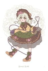 Rule 34 | 1girl, adapted costume, black hat, black skirt, blush, boots, bow, bowtie, center frills, character name, cross-laced footwear, flower, footwear bow, frills, full body, green bow, green bowtie, green eyes, green hair, green skirt, hat, heart, heart of string, highres, komeiji koishi, long sleeves, looking at viewer, medium hair, multicolored clothes, multicolored skirt, open mouth, pink flower, pink rose, rose, sakurasaka, shirt, skirt, solo, standing, third eye, touhou, wide sleeves, yellow shirt