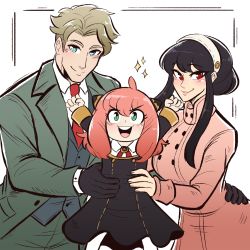 Rule 34 | 1boy, 2girls, absurdres, anya (spy x family), black hair, blonde hair, child, closed mouth, family, formal, green eyes, hairband, highres, holding, horn ornament, horns, long hair, looking at viewer, medium hair, multiple girls, necktie, parent and child, pink hair, red eyes, red necktie, scruffyturtles, sidelocks, simple background, smile, spy x family, suit, twilight (spy x family), yor briar