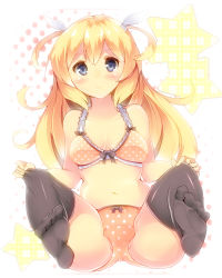 Rule 34 | 1girl, black thighhighs, blonde hair, blue eyes, bow, bow bra, bow panties, bra, highres, lace, lace-trimmed bra, lace trim, mikususannda, mizuyoukan (mikususannda), orange bra, orange panties, panties, polka dot, polka dot bra, polka dot panties, sitting, solo, spread legs, thighhighs, two side up, underwear, underwear only