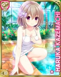 Rule 34 | 1girl, bare arms, bare legs, bare shoulders, barefoot, bikini, brown hair, rabbit hair ornament, character name, closed mouth, day, girlfriend (kari), green bikini, green skirt, hair ornament, hairclip, hot tub, indoors, kazemachi haruka, kneeling, looking at viewer, official art, pink eyes, qp:flapper, short hair, skirt, smile, solo, spa, swimsuit, towel, white towel