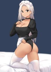 Rule 34 | anti (0324), apron, ass, bad anatomy, breasts, brown eyes, choker, cleavage, collar, dark-skinned female, dark skin, large breasts, leotard, looking at viewer, maid, maid apron, maid headdress, on one knee, original, thick thighs, thighhighs, thighs, white hair, white thighhighs