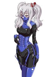 Rule 34 | 10s, 1girl, bodysuit, catsuit, corset, gagged, gimp suit, kantai collection, kashima (kancolle), latex, latex bodysuit, latex legwear, latex suit, rigidsteed, skin tight, solo, white background