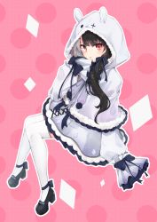 Rule 34 | 1girl, absurdres, animal ears, animal hood, black footwear, black hair, blue bow, bow, capelet, commentary request, dress, fake animal ears, full body, fur-trimmed capelet, fur-trimmed hood, fur trim, grey capelet, grey dress, grey hair, hair bow, high heels, highres, hijouguti, hood, hood up, hooded capelet, long hair, long sleeves, low twintails, multicolored hair, nijisanji, outline, pink background, puffy long sleeves, puffy sleeves, shoes, sleeves past fingers, sleeves past wrists, solo, split-color hair, thighhighs, twintails, two-tone hair, virtual youtuber, white outline, white thighhighs, yorumi rena, yorumi rena (3rd costume)