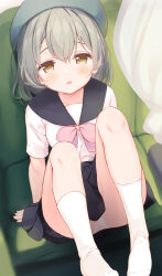 Rule 34 | 1girl, :o, arm support, beret, black skirt, blush, bob cut, bow, clueless, collarbone, commentary request, confused, curtains, dot nose, full body, grey hair, hat, highres, indoors, kneehighs, knees up, komone ushio, looking at viewer, looking up, no shoes, original, paid reward available, panties, pink bow, pleated skirt, school uniform, serafuku, shirt, short hair, short sleeves, sitting, skirt, socks, solo, underwear, upskirt, white panties, white shirt, white socks, yellow eyes