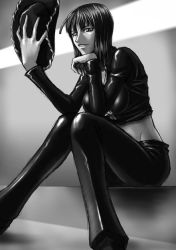 Rule 34 | 1girl, black hair, cowboy hat, female focus, greyscale, hat, jacket, jaya, kagami hirotaka, leather, leather jacket, leather pants, long sleeves, looking at viewer, midriff, monochrome, navel, nico robin, one piece, pants, shiny clothes, short hair, sitting, smile, solo
