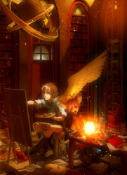 Rule 34 | 2boys, animal ears, book, bookshelf, brown hair, easel, lantern, library, male focus, multiple boys, painting (action), palette (object), red eyes, short hair, single wing, sitting, tail, wings, yuanmaru