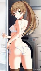 Rule 34 | 10s, 1girl, ass, bra, breasts, brown hair, hair ornament, hairclip, high ponytail, kantai collection, kumano (kancolle), looking back, medium breasts, panties, side-tie panties, solo, standing, takaharu, thighhighs, underwear, underwear only, washing machine, white bra, white panties