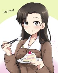 Rule 34 | 1girl, :t, amogan, asymmetrical bangs, birthday cake, black eyes, black hair, brown jacket, cake, cake slice, chi-hatan military uniform, chopsticks, closed mouth, commentary, dated, eating, food, food on face, girls und panzer, holding, holding chopsticks, holding plate, jacket, long hair, long sleeves, looking at viewer, military, military uniform, nishi kinuyo, plate, solo, star (symbol), straight hair, uniform, you&#039;re doing it wrong